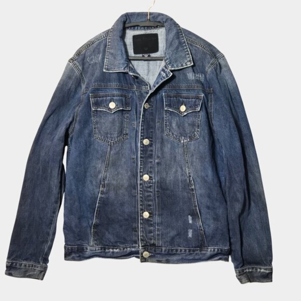 True Religion Mens Dylan Distressed Denim Trucker Jacket 2X Outerwear Streetwear